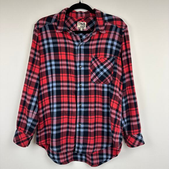 TNA Womens Oversized Button-Up Long Sleeve Pink/Blue Plaid Flannel Shirt Medium - Picture 1 of 11